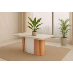 Mesa de Sala Jantar Pilar c/ Tampo Madeirado c/ Vidro Canto Curvo 180X90cm Flex Naturale/Naturale ou Off White - Rufato