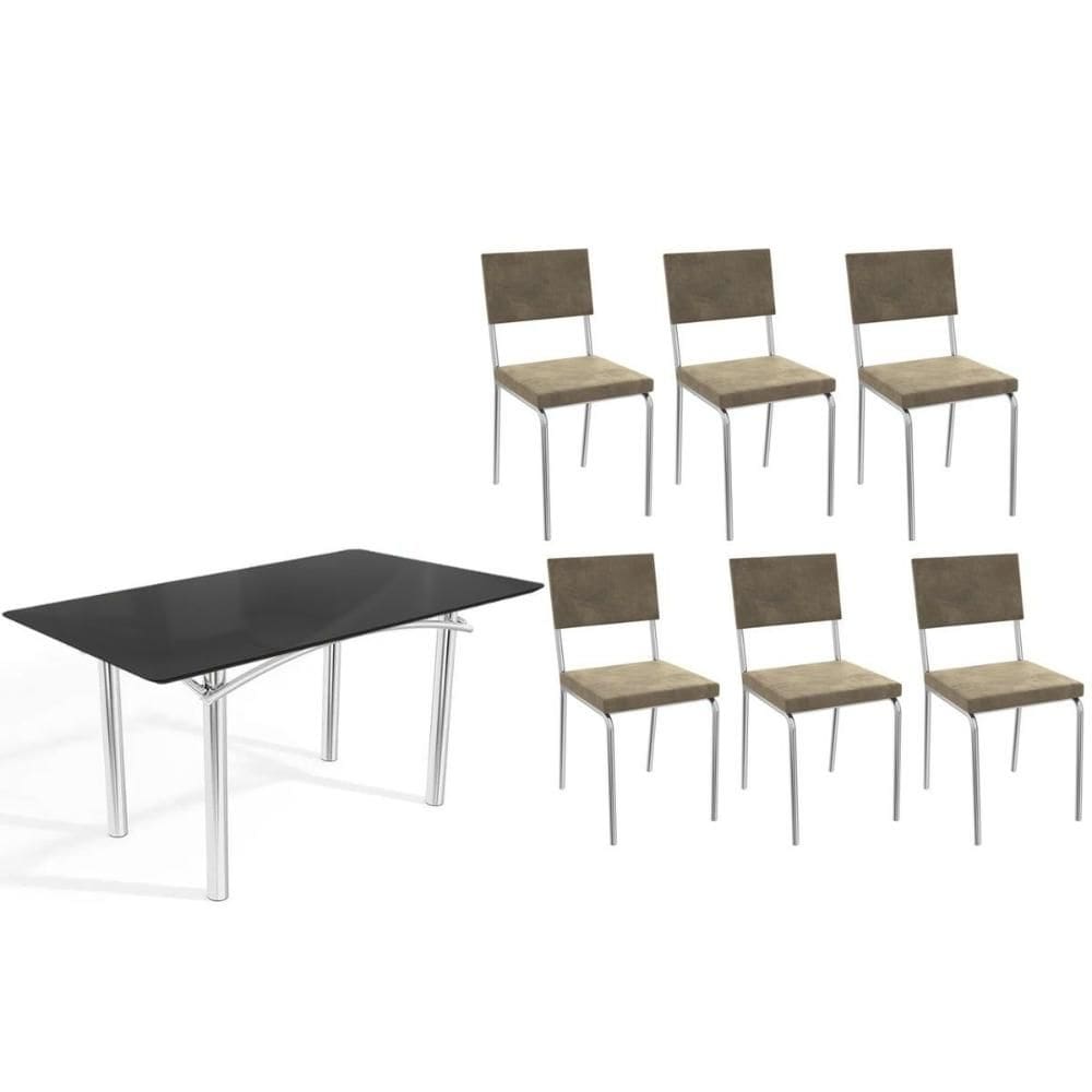 Sala de Jantar Completa Elba Tampo Madeirado c/ Vidro 160cm e 6 Cadeiras Zaria Cromada/Preto - Suede Bege - Kappesberg