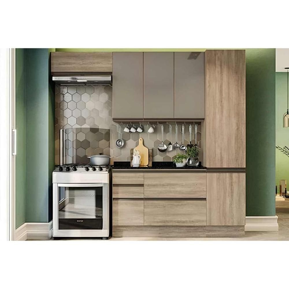 Cozinha Completa Maxxi 5 Peças (2Aéreo+1Balcão+1Paneleiro+1Complemento) CZ245 Nogal - Kappesberg