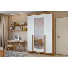Guarda Roupa Solteiro 4 Portas (2 c/ Espelho) e 2 Gavetas c/ Pés Alonzo Amêndoa/Branco - Lopas