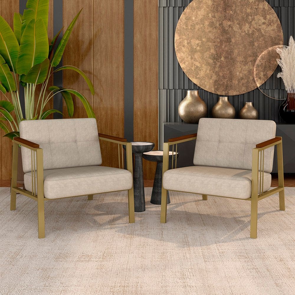 Kit 02 Poltronas Estofadas Pomezia Industrial Dourado/sd Bege - M.a