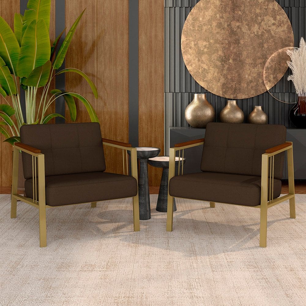 Kit 02 Poltronas Estofadas Pomezia Industrial Dourado/sd Marrom - M.a