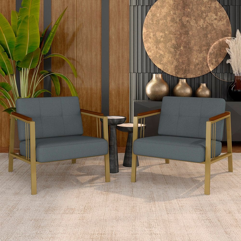 Kit 02 Poltronas Estofadas Pomezia Industrial Dourado/sd Cinza - M.a