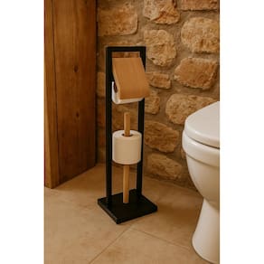 Porta Papel Higiênico De Bambu E Metal Nero Jolitex Mek Nero
