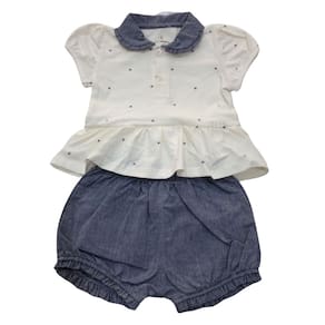 Conjunto bebê body + short Noruega Off white e azul jeans