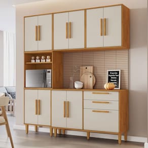 Cozinha Compacta Lorena 11 Portas 2 Gavetas 2580 Natural/Off White - Kaiki Móveis