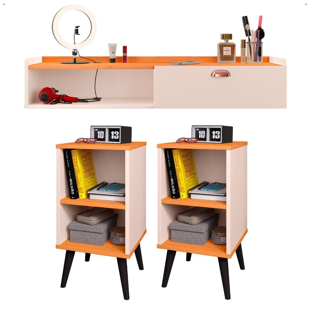Kit 2 Mesinhas Cabeceira Charme Mesa Lateral Cama Penteadeira Suspensa Decor Puxador Concha Nicho Organizador Off White/Cinamomo - Lojas RPM