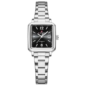 Relógio Feminino Design Quadrado Casual De Quartzo Impermeavel De Aço Inoxidavel Preto Prata