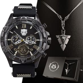 Relogio Masculino Aço Inox Pantera Preto + Cordão Corrente Social Presente Analogico Casual