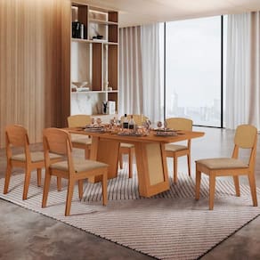 Mesa Carolina 180 Tampo Mdf 6 Cadeiras Moderna Mobilia Veludo Creme / Naturalle/naturalle/palha