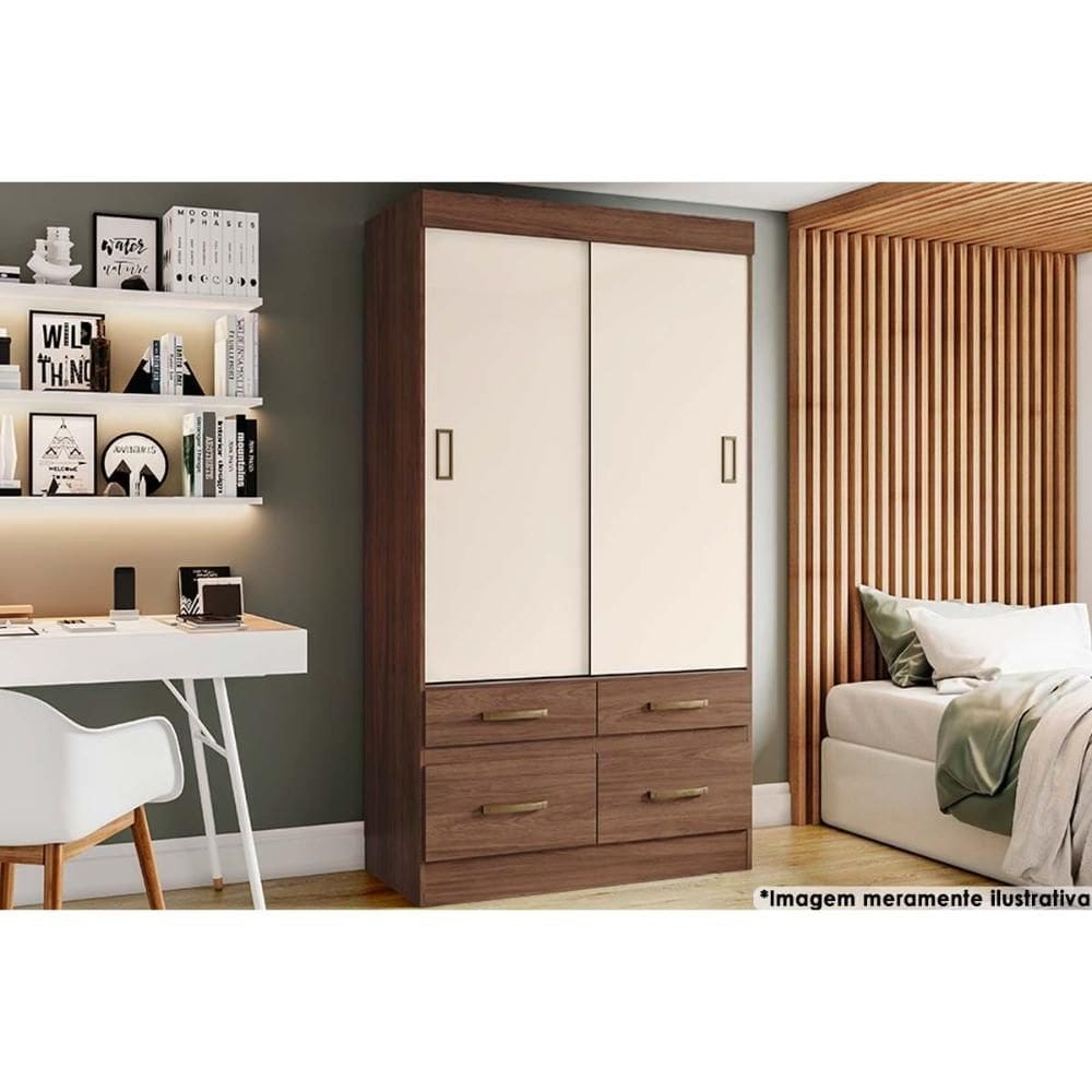 Guarda Roupa Solteiro 2 Portas de Correr e 4 Gavetas Briz BE25 Flex Castanho/Castanho ou Off White - Henn