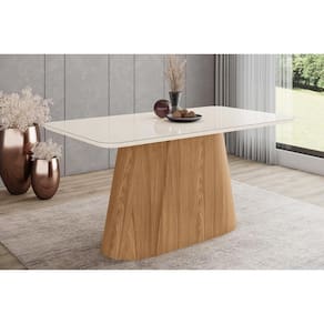 Mesa p/ Cozinha Olivia SC116 c/ Tampo Madeirado c/ Vidro Curvo 160x90cm Nature/Off White - Henn