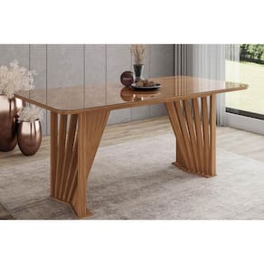 Mesa p/ Cozinha Adriana SC46 c/ Tampo Madeirado c/ Vidro Curvo 200x80cm Nature - Henn