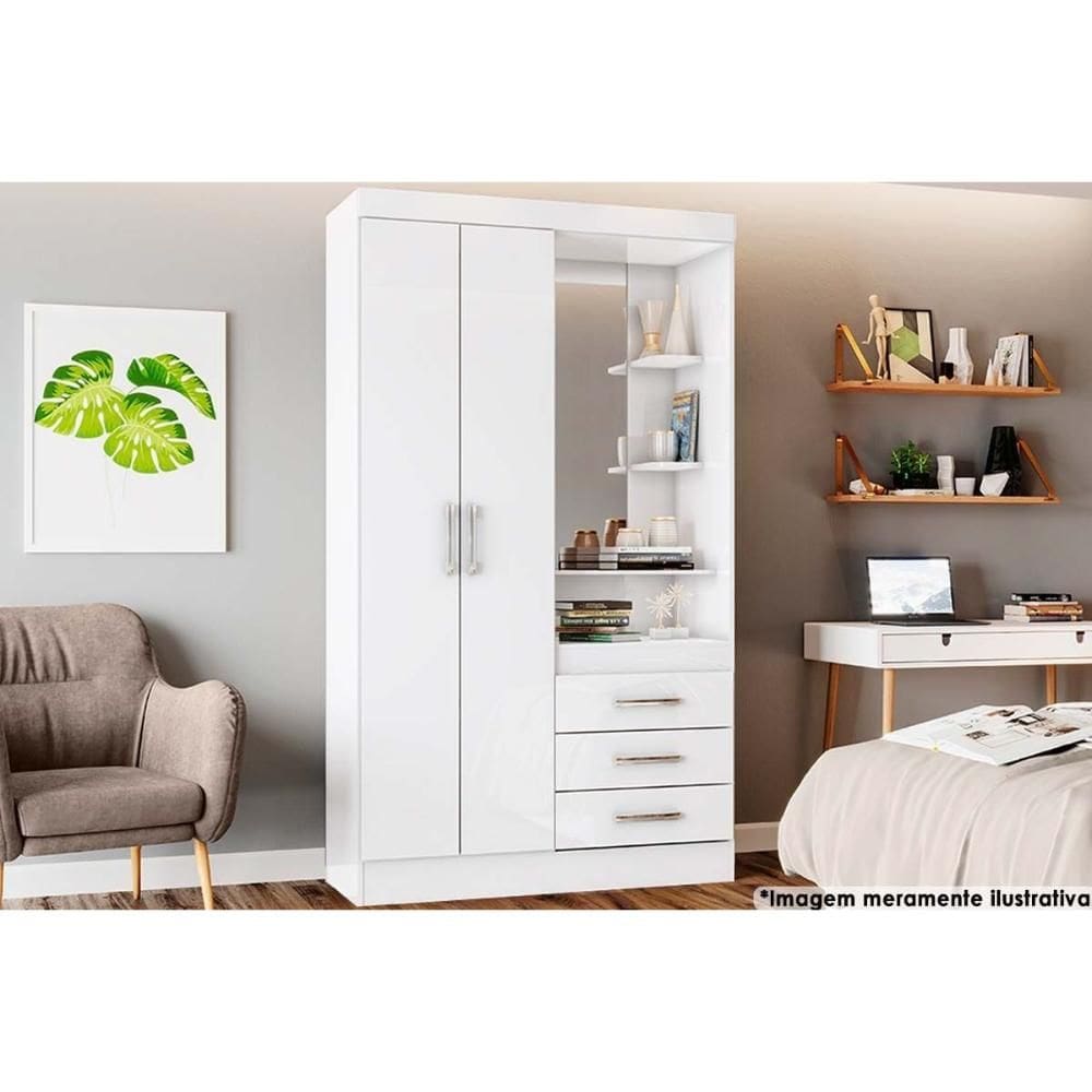Guarda Roupa Solteiro 2 Portas e 3 Gavetas c/ 1 Espelho Briz B64 Branco - Henn