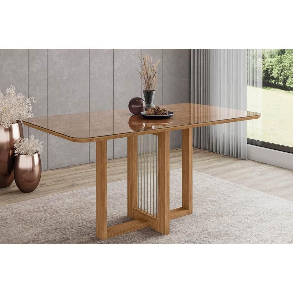 Mesa p/ Cozinha Natalí SC71 c/ Tampo Madeirado c/ Vidro Curvo 160x90cm Nature - Henn
