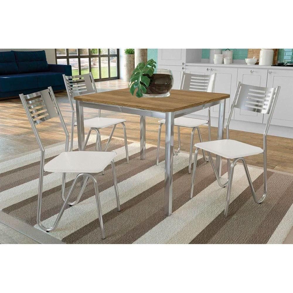 Sala de Jantar Completa Reno c/ Tampo de Madeira 90cm e 4 Cadeiras Nápoles Cromada/Branco 106 - Kappesberg