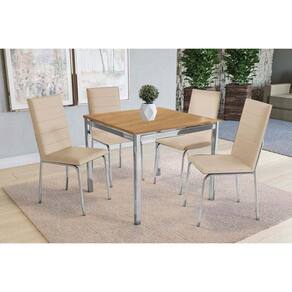 Sala de Jantar Completa Reno c/ Tampo de Madeira 90cm e 4 Cadeiras Amsterdã Cromada/Nogueira - Courano Bege - Kappesberg