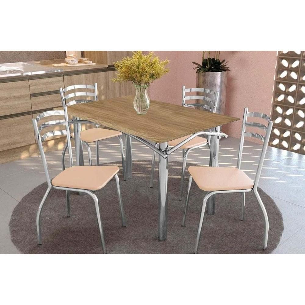 Sala de Jantar Completa Elba c/ Tampo de Madeira 136cm e 4 Cadeiras Portugal Cromada/Nogueira - Courano Bege - Kappesberg