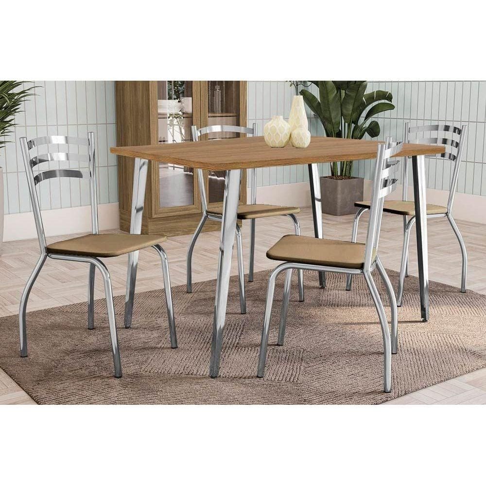 Sala de Jantar Completa Iguaçu c/ Tampo de Madeira 136cm e 4 Cadeiras Portugal Cromada/Nogueira - Courano Capuccino - Kappesberg