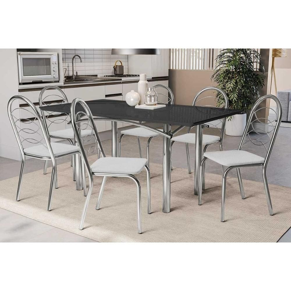 Sala de Jantar Completa Elba Tampo Madeirado c/ Vidro 160cm e 6 Cadeiras Holanda Cromada/Preto - Courano Branco - Kappesberg