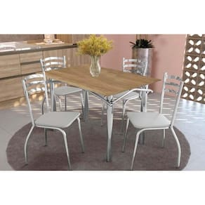 Sala de Jantar Completa Elba c/ Tampo de Madeira 136cm e 4 Cadeiras Portugal Cromada/Nogueira - Courano Branco - Kappesberg
