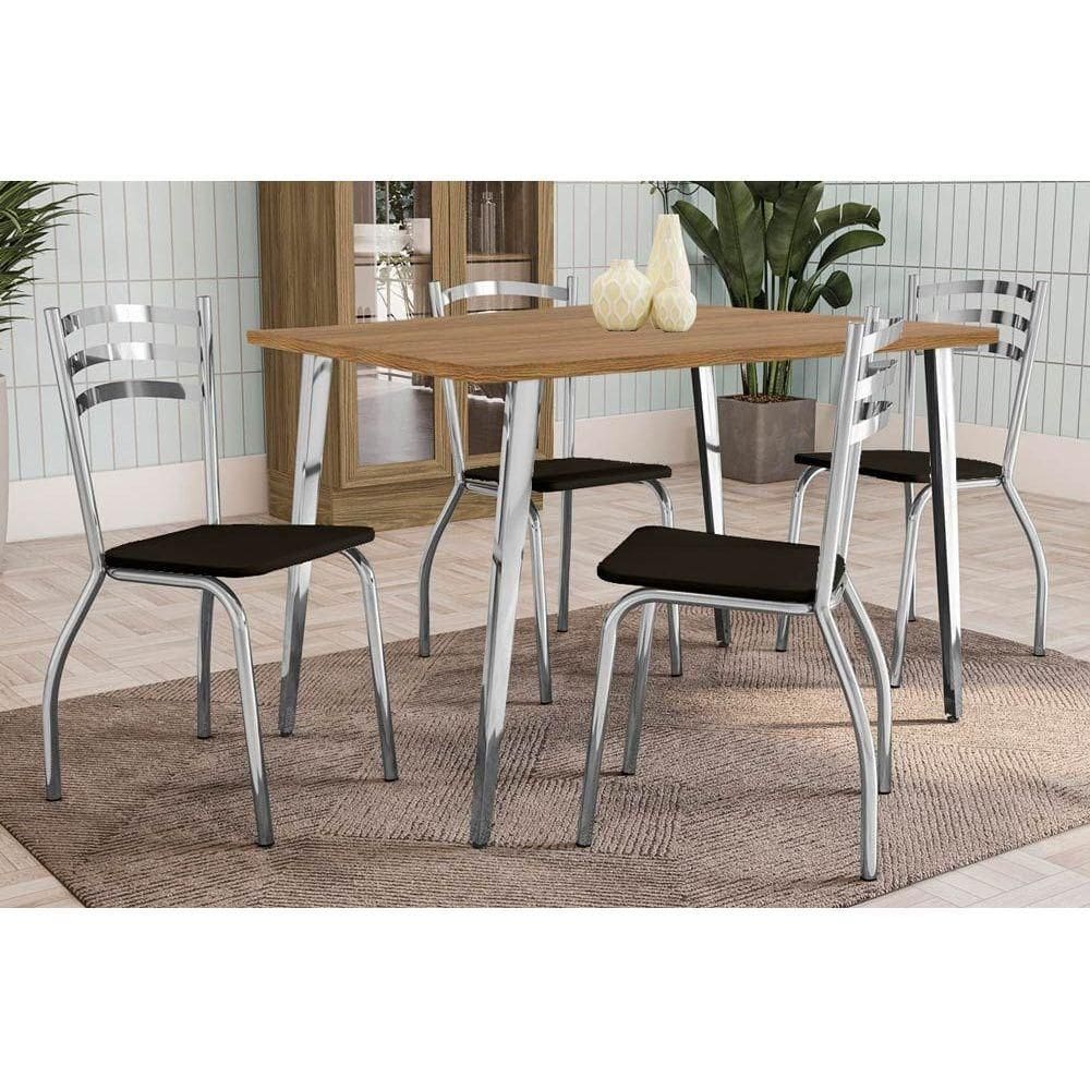 Sala de Jantar Completa Iguaçu c/ Tampo de Madeira 136cm e 4 Cadeiras Portugal Cromada/Nogueira - Courano Preto - Kappesberg