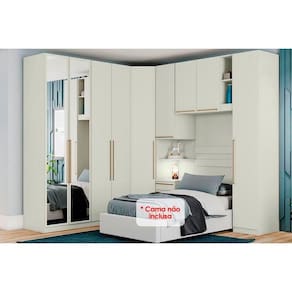 Quarto Modulado Solteiro Seletto 6 Peças (1 Armário Ponte + 1 Closet + 1 Guarda Roupa 1 Porta + 2 Guarda Roupas 2 Portas + 1 Complemento) QM120 Areia