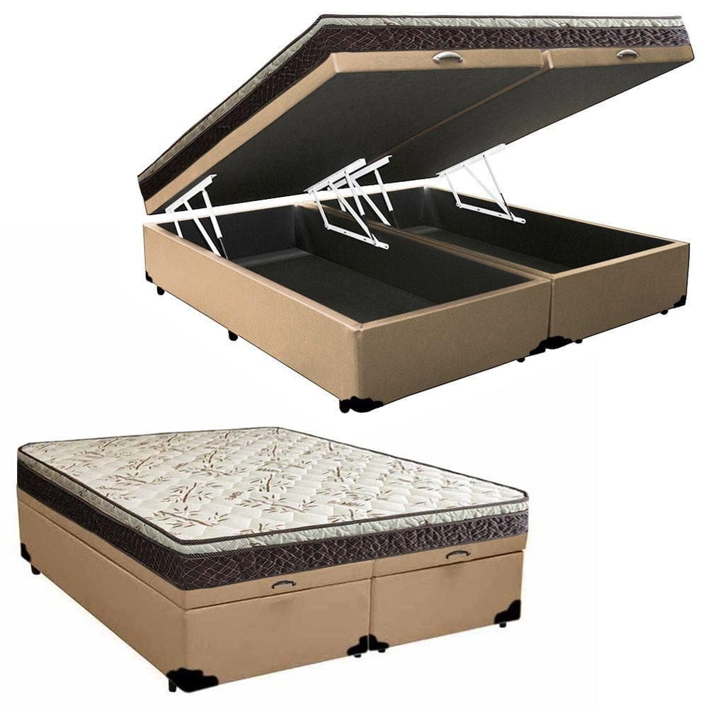 Cama Box Baú Queen Sintético Bipartido + Colchão Elegance Ortopédico Espuma D33 Extra Firme 158x198x63 Bege