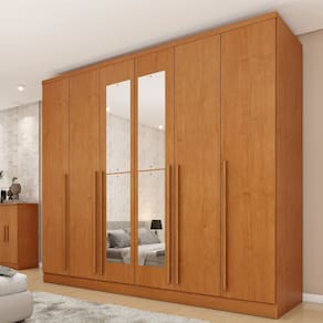 Guarda-Roupa Casal 6 Portas 8 Gavetas Puxador MDF 270cmcom Espelho Portugal Espresso Móveis Cinamomo