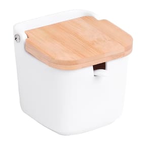 Saleiro de Mesa de Cerâmica com Tampa de Bambu e Colher Bianco 9,5cm x 9cm
