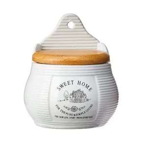 Saleiro de Parede de Cerâmica com Tampa de Bambu Sweet Home 10cm x 7,5cm x 13cm