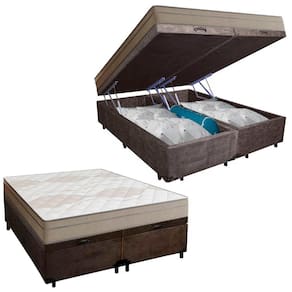 Cama Box Baú Casal Bipartido Suede + Colchão De Molas Ensacadas Portobel Ipanema - 138x188x66cm Marrom