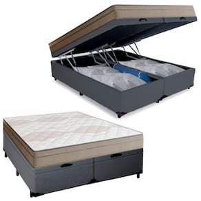 Cama Box Baú Casal Bipartido Sintético + Colchão De Molas Ensacadas Portobel Ipanema - 138x188x66cm Cinza