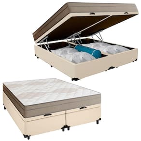 Cama Box Baú Casal Bipartido Sintético + Colchão De Molas Ensacadas Portobel Ipanema - 138x188x66cm Bege