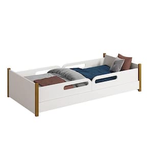 Cama Evolutiva Ravi Branco Com Pés Amadeirado, 2 Kits Grade Lateral Usinada E Colchão D33 - Reller Móveis Branco Fosco