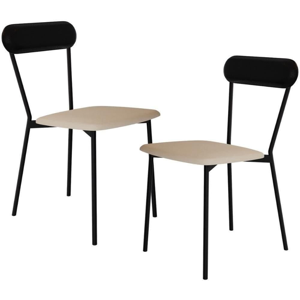 Kit 02 Cadeiras Estofada Para Sala De Jantar Liora Preto C01 Linho Areia Courino Preto - Lyam Decor