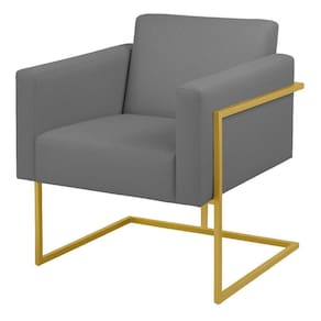 Poltrona Decorativa Bélgica Linho Cinza Escuro Metal Dourado