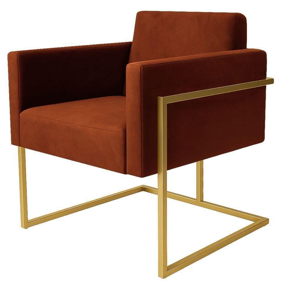 Poltrona Decorativa Bélgica Veludo Terracota Metal Dourado