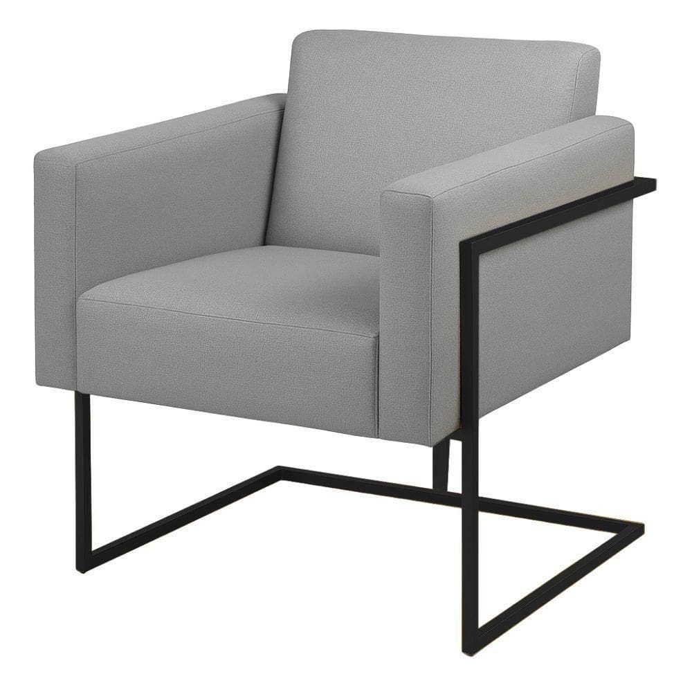 Poltrona Decorativa Bélgica Linho Cinza Claro Metal Preto