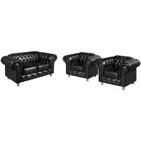 Conjunto Sofá 2 Lugares E 2 Poltrona Chesterfield Luís Xv Vintage Retrô Capitonê Couro Preto