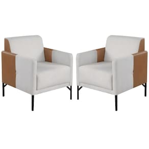 Kit 2 Poltronas Decorativa América Linho Mesclado Couro Bege Metal Preto