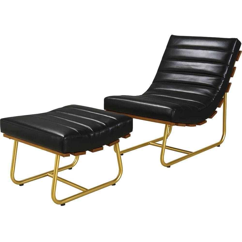 Poltrona Costela Rubi Com Puff Couro Preto Metal Dourado