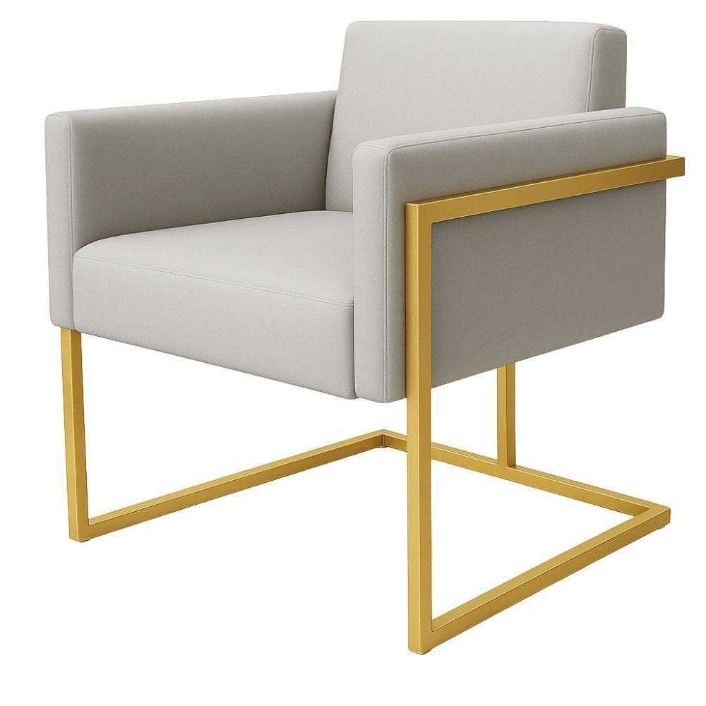 Poltrona Decorativa Bélgica Linho Branco Metal Dourado