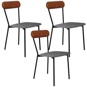 Kit 03 Cadeiras Estofada Para Sala De Jantar Liora Preto C01 Linho Prata Courino Caramelo - Lyam Decor