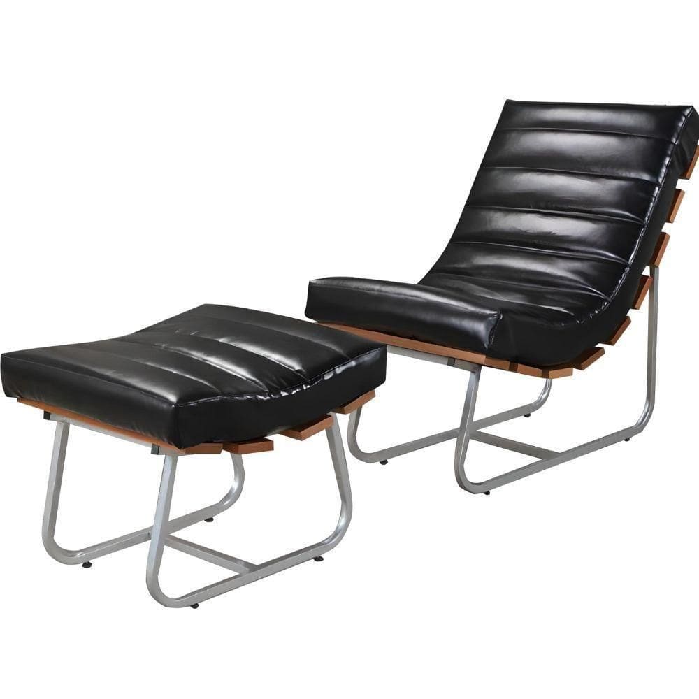 Poltrona Costela Rubi Com Puff Couro Preto Metal Champanhe