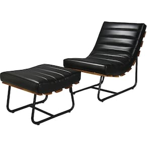 Poltrona Costela Rubi Com Puff Couro Preto Metal Preto