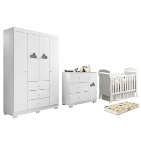 Dormitório Infantil Ane Guarda Roupa, Cômoda, Berço Danny Branco Com Colchão Supreme - Phoenix Baby Branco