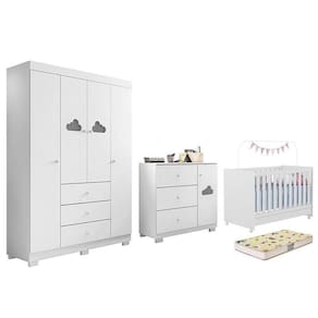 Dormitório Infantil Ane Guarda Roupa, Cômoda E Berço Branco Com Colchão Supreme - Phoenix Baby Branco