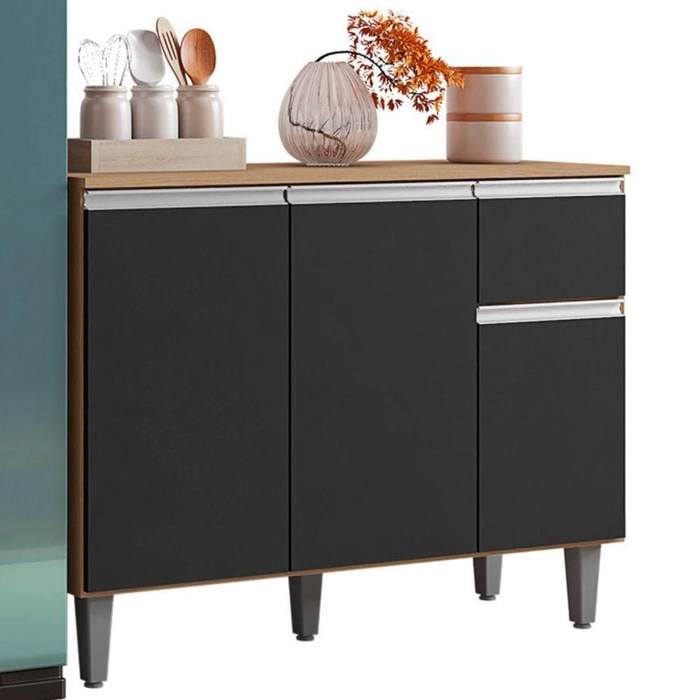 Balcão Com Tampo Vanessa 3 Portas 105 Cm Amendoa Preto Ajl