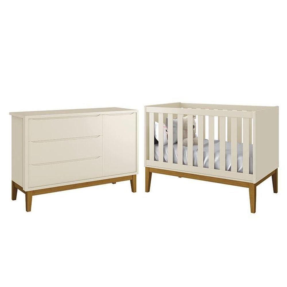 Jogo De Quarto Infantil Cômoda 1 Porta E Berço Classic Areia Fosco Com Pés Amadeirado - Reller Móveis Areia Fosco